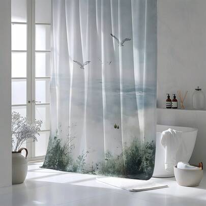 1 tấm rèm tắm in hình chim mòng biển, rèm trang trí nhà cửa chất lượng cao, rèm phòng tắm hiện đại đa năng, rèm tắm dùng được cả bốn mùa kèm 12 móc treo.