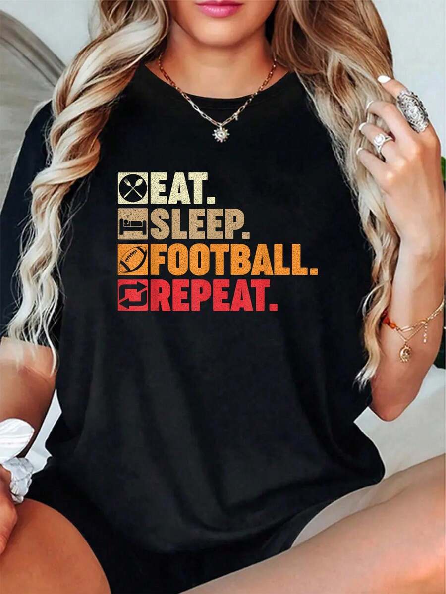 Camiseta Unisex 100% Algodón para Hombres, Adolescentes y Niños, con Estampado "Eat Sleep American Football Repeat", Algodón Suave, Transpirable, Manga Corta para Uso Casual de Verano - Negro - Ver 1