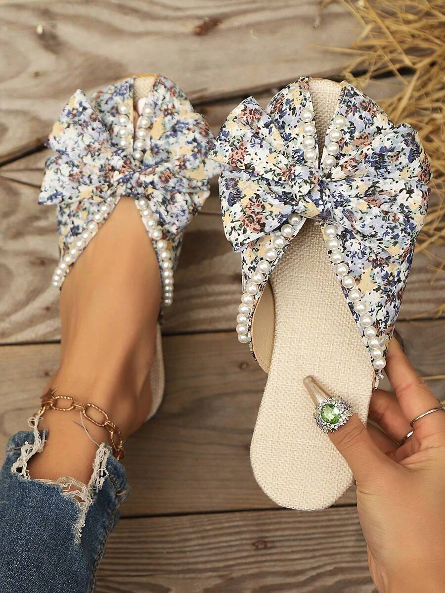 1双女士返校蝴蝶结凉鞋，仿珍珠装饰休闲平底拖鞋，户外时尚拖鞋，圆头甜美平底人字拖，适合婚礼、工作、学校、宿舍、度假、海滩等场合。 - 藍色 - 查看 1