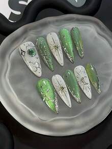 十片装绿色手工美甲，长杏仁形假指甲，奢华高端按压式假指甲，夏季假指甲，复古假指甲，女士礼物，美甲艺术，3D手工假指甲，适合女孩和女士参加派对或日常场合佩戴。 - 彩色 - 查看 11