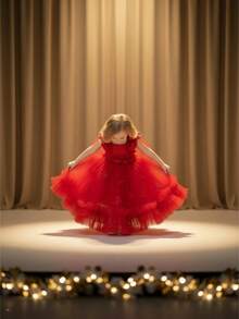Children's Bohemian Style Off Shoulder Bubble Cuff Skirt - Red Chiffon Layered Skirt, Suitable For Birthday Parties, Wedding Flower Girls, And Summer Performance Outfits - 紅色 - 查看 3