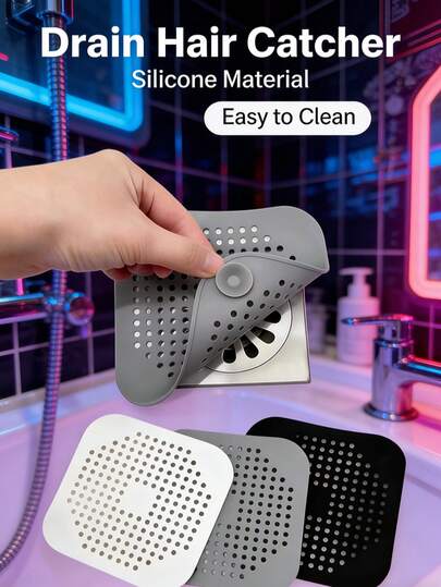 3pcs/Set Square Strong Suction Easy Clean Silicone Drain Filter, Suitable For Kitchen, Bathroom, Drain Clogging Prevention