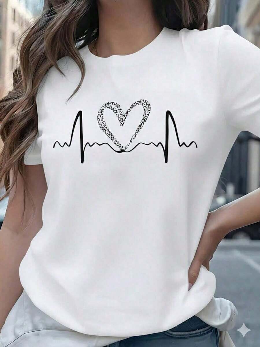 Playera Negra de Mujer con Gráfico de Corazón de Leopardo y Latido de Corazón, Camiseta de Estilo Aesthetic con Línea de Electrocardiograma Manga Corta, Top Moderno Minimalista, Blusa Casual de Moda Urbana - Blanco - Ver 1