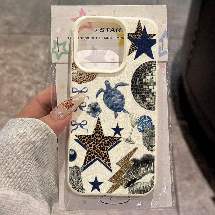 1pc TPU Material Cute Leopard Print, Sea Turtle, Star, Disco Collage Pattern Phone Case, Compatible With IPhone 17 Pro Max/17/16 Pro Max/15/13/12/11, S20 FE/A15/S24/A55, Note 11/12/13 Pro, Full-Body Shockproof Soft Protective Cover,International Version, Not The Domestic Version - White - View 1