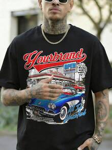 Men's Vintage Muscle Car & California Gas Station Graphic Casual Round Neck Short Sleeve T-Shirt, Comfortable & Breathable For Summer Wear - Black - View 1