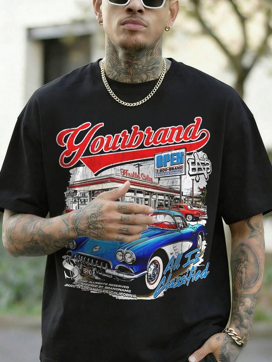 Men's Vintage Muscle Car & California Gas Station Graphic Casual Round Neck Short Sleeve T-Shirt, Comfortable & Breathable For Summer Wear - Black - View 1