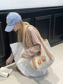 田园雏菊编织单肩手提包，镂空休闲手提包，春夏新品 - 卡其色 - 查看 6