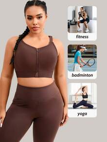 1pc Women Plus Size Sports Bra, Adjustable Back Support, Front Zipper Closure, Casual Wear - Coffee Brown - View 6
