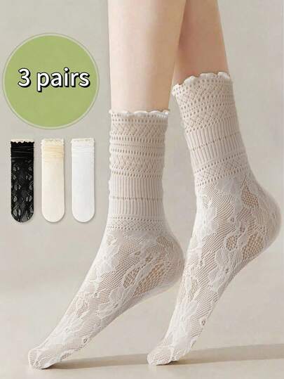 1/3 đôi tất nữ mùa hè mỏng, màu trắng, dài đến bắp chân, thiết kế viền ren, đa năng, chất liệu lưới thoáng khí, mềm mại và thoải mái, phù hợp cho mọi mùa.