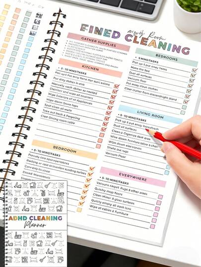 ADHD Cleaning Schedule, ADHD Cleaning Plan, Home Cleaning Plan, Weekly/Monthly/Annual Cleaning Checklist, Organizing & Storage Tips, And Household Chores - 11.4*8.26 Inch Spiral Bound Notebook, Suitable For Homemakers, Nannies, Students And Office Use
