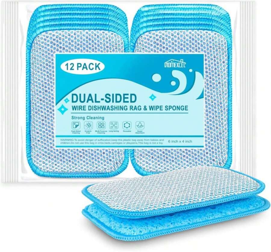 HOMEXCEL 12 Pack Scrub &Amp; Wipe Cloths, Scrub Sponges With Non-Scratch Wire Dishwashing Rag For Kitchen, All-Purpose Cloth For Dishes, Pots, Pans, Non-Stick Cookware, Countertops (Blue) - ColorA - 查看 1