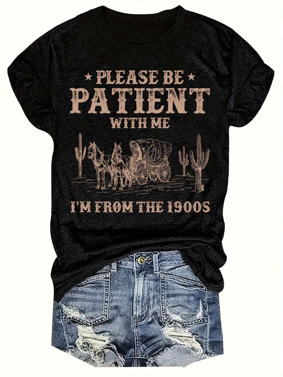T-Shirt Mit Rundhalsausschnitt Im Western-Stil Und Buchstabenprint, Kurzärmeliges Freizeit- Und Urlaubstop Für Damen, Damenbekleidung - Black - View 1