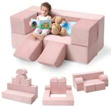 Sofá de juego infantil modular de 6 piezas, sofá de espuma para niños pequeños con funda extraíble - Rosa - Ver 8