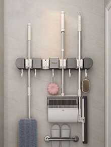 1个3/4槽重型壁挂式拖把扫帚架，适用于浴室、花园和车库，无需钻孔，安装简便，方便收纳 - 彩色 - 查看 3