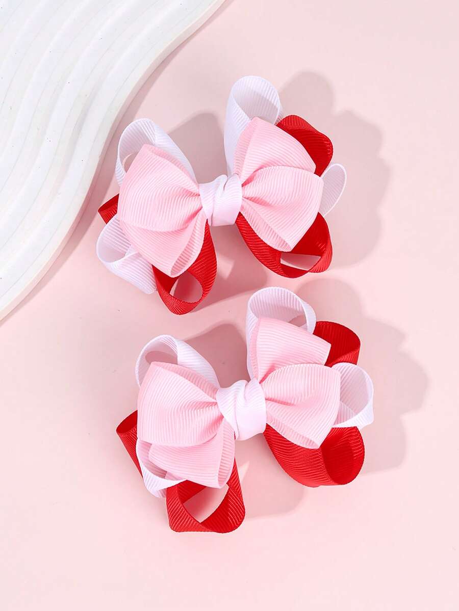 Set de 2 pinzas para el cabello de color caramelo para niñas, pinzas para el cabello con lazo rosa, pinzas para el cabello con múltiples lazos de cinta de satén, pinzas de caimán, accesorios para el cabello para adolescentes, adecuados para uso diario - Multicolor - Ver 1