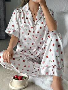 2pcs Strawberry Print Lapel Short Sleeve Top And Pants Women Pajama Set - White - View 4
