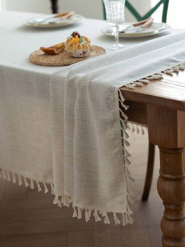 1pc American Retro Minimalist Polyester Linen Tassel Tablecloth, Heat-Resistant Rectangular Tablecloth Suitable For Kitchen, Dining Table, Coffee Table, TV Cabinet, Home Gatherings, Outdoor Picnics
