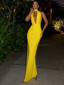 露背吊带连衣裙，适合派对、婚礼、生日、俱乐部、圣诞节、乡村音乐会等场合，春季优雅 - 黃色 - 查看 3