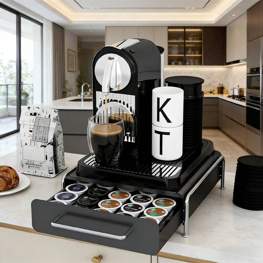 Carbon Steel Coffee Pod Holder – Capsule Organizer Storage Drawer For Under Coffee Machine, Space Saving With Removable Divider & Non-Slip Pads, Home Office - View 1