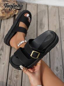 Korean Style Platform Slide Sandals For Women, Comfortable & Versatile, Double Strap With Metal Buckle Toe Loop, Suitable For Summer Outdoor Wear - Black - View 2