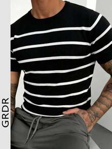 GRDR Men's Summer Knit Striped Short Sleeve Sweater, Versatile For Summer Socializing And Dining - Black - View 6