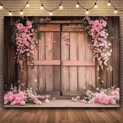 2D Flat Banner1, With Pink Flowers And Country Wedding Background, With Wooden Door And Floor, Suitable For Bride's Gift Giving, Marriage Proposal, Valentine's Day And Western Cowboy Theme Decoration.