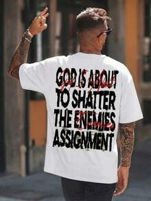 男士夏季宗教风格图案T恤，印有“击败敌人”任务标语，街头时尚 - 白色 - 查看 2