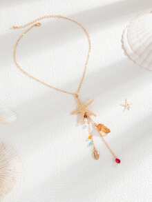 1件波西米亚风海星贝壳仿珍珠吊坠项链，适合女士海滩、度假、约会佩戴及作为礼物 - 金黃色 - 查看 5