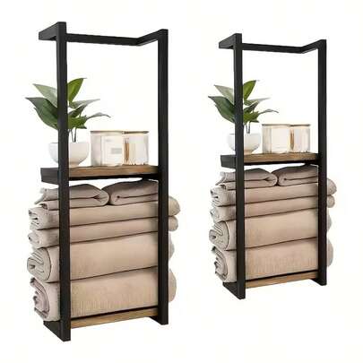 2-Tier Bathroom Towel Rack With Frame - Wall-Mounted Towel And Essentials Storage Rack | Modern Bathroom Elegant Metal And Wood Design, Wall-Mounted Towel Storage Rack, Bedroom Organizing Rack, Bathroom Towel Rack, Bathroom Towel Storage, Bathroom Towel Rack.