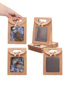 Bộ 10/5 túi quà tặng bằng giấy Kraft mở, túi đựng quà có cửa sổ trong suốt, túi quà mini dáng đứng có tay cầm, túi quà màu nâu, túi giấy dán, túi quà dáng đứng, túi đựng kẹo và bánh quy, túi cưới màu trắng và nâu, túi quà ngày Valentine, túi đựng quà tặng - A - Xem 5