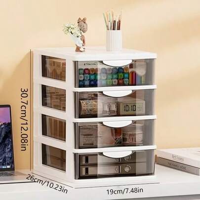 多层抽屉式桌面收纳盒 - 透明多功能储物柜，可堆叠设计节省空间，适合存放文具、杂物、化妆品等。