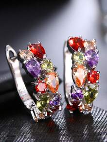 1 par de pendientes de aro vintage con circonita sintética de colores variados, accesorios versátiles para uso diario para mujeres - Pendientes - Ver 4