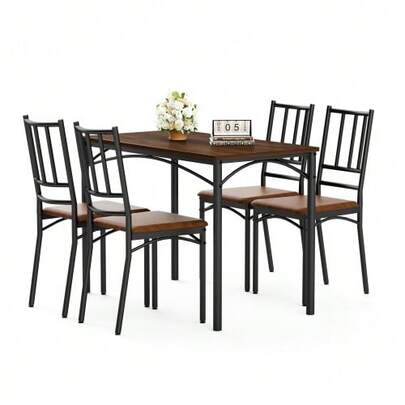 Dining Table Set, Bar Table With 4 Dining Chairs, Kitchen Table With Chairs, Industrial Breakfast Table For Kitchen, Living Room, Party Room, Walnut Wood, 110cm*60cm*76.5cm