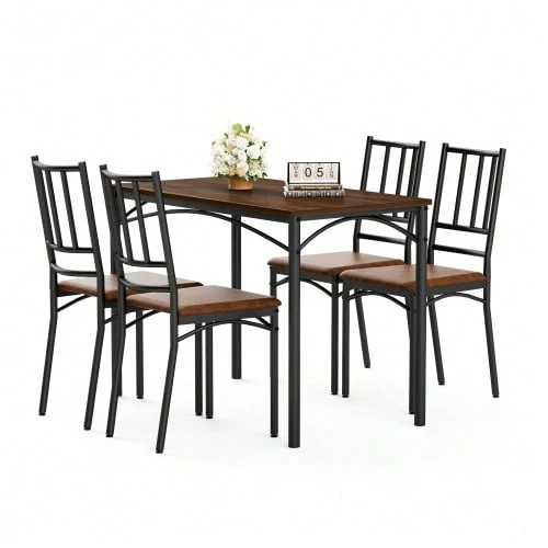 Dining Table Set, Bar Table With 4 Dining Chairs, Kitchen Table With Chairs, Industrial Breakfast Table For Kitchen, Living Room, Party Room, Walnut Wood, 110cm*60cm*76.5cm - Walnut - View 1