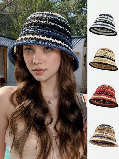 彩色针织渔夫帽，镂空透气，遮挡脸部，夏季户外防晒女帽
