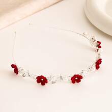 1pc Red Rose Headband With Faux Pearl Flower, Retro Delicate Hair Hoop Hair Band - Silver - View 2