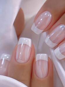 24pcs Medium Square Nail Sticker Set, Easily Upgrade Your Nail Art Design! Includes Minimalist White Glitter Nail Stickers, Sweet Pink Nail Stickers, Full Coverage Design, Suitable For Women And Girls. The Set Includes 1 Sticker Sheet And 1 Mini Nail File, With Random Delivery Of Jelly Gel. Press On Nails - Pink - View 7