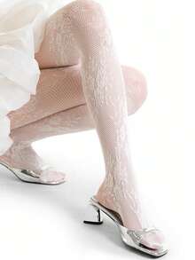镂空花卉网纱长筒袜，甜美透明白色蕾丝连裤袜，春夏紧身裤 - 彩色 - 查看 5