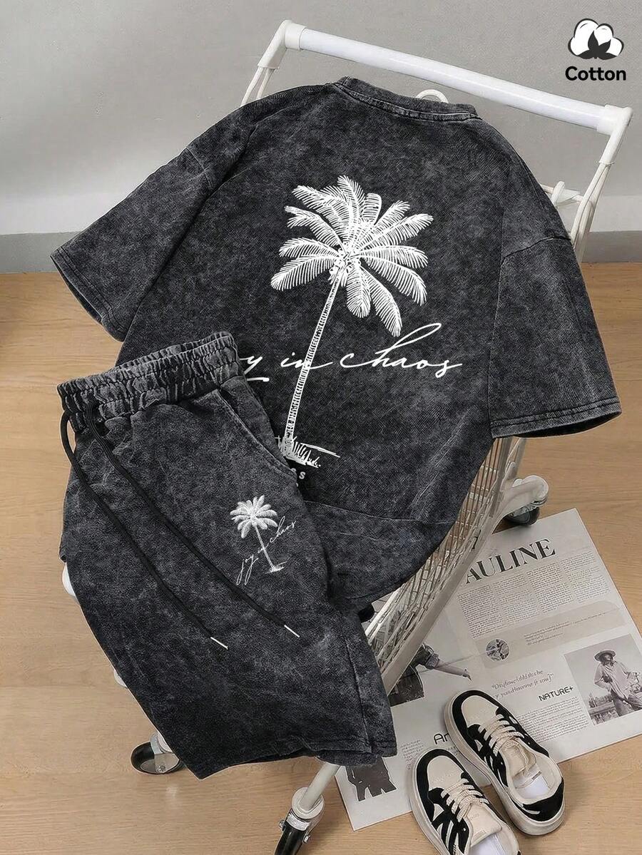 Hemo 男士街头风印花T恤短裤套装，弹力水洗黑色休闲沙滩度假两件套 - 黑色 - 查看 1