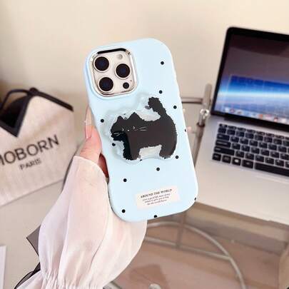 1pc Light Blue Polka Dot Black Cat Grip Phone Case With Invisible Stand | "Around The World" Label Compatible With IPhone17/17Air/17PRO/17PROMAX/16/7/8/11/12/13/14/15/X/XR/Xs/Plus/Pro/Pro Max/SE2