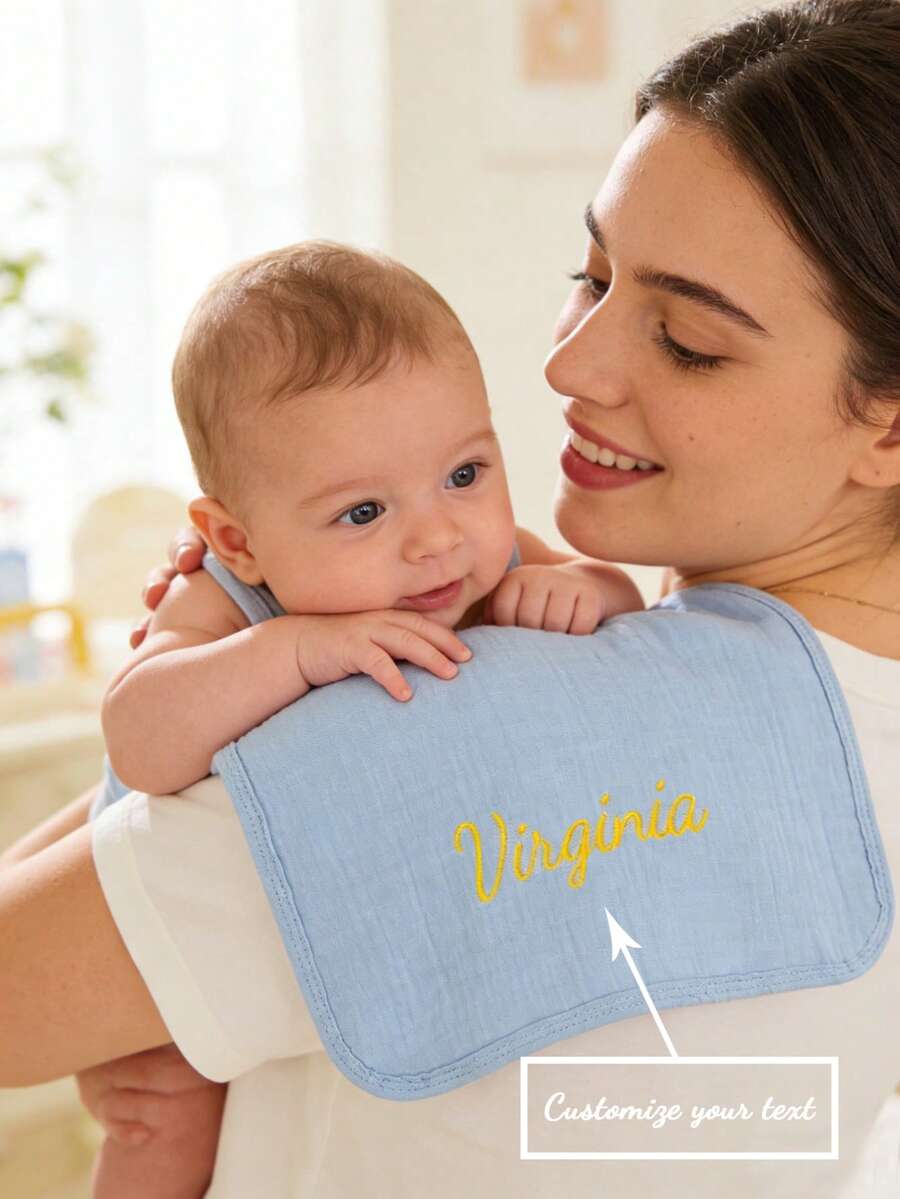 1pc Personalized Embroidered Text Baby Burp Cloth, Soft Absorbent Breathable Bib For Newborns, Essential Gift For Baby Boys And Girls - Multicolor - View 1
