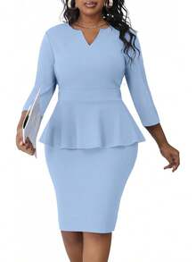 Plus Size Vintage Peplum Pencil Dress For Work Or Church - Light Blue - 查看 8