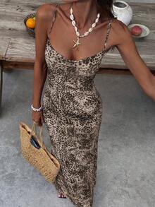 Ms. VIVINA's Summer Simple And Stylish Leopard Print Shoulder Straps Long Dress, Transparent Attire, Beach And Sand Dune Vacation Dress, Women's Summer Dress, Women's Beach Dress, Elegant Long Dress, Women's Beach Vacation Outfit, Leopard Print Dress. - Mocha Brown - View 7