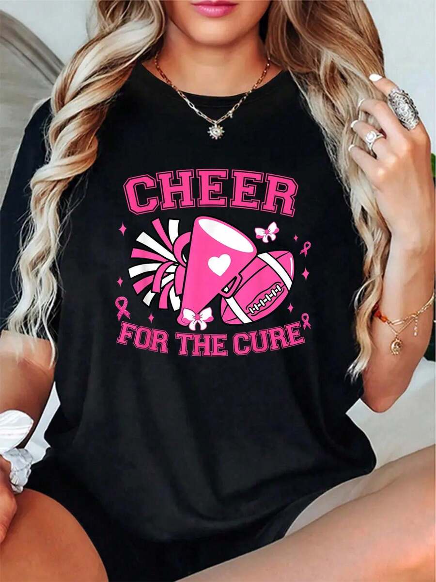 Camiseta Unisex 100% Algodón "Cheer For The Cure" con Cinta Rosa, para Mujeres y Niñas, Camisetas Gráficas para Mujer - Camiseta de Manga Corta Estampada - Negro - Ver 1