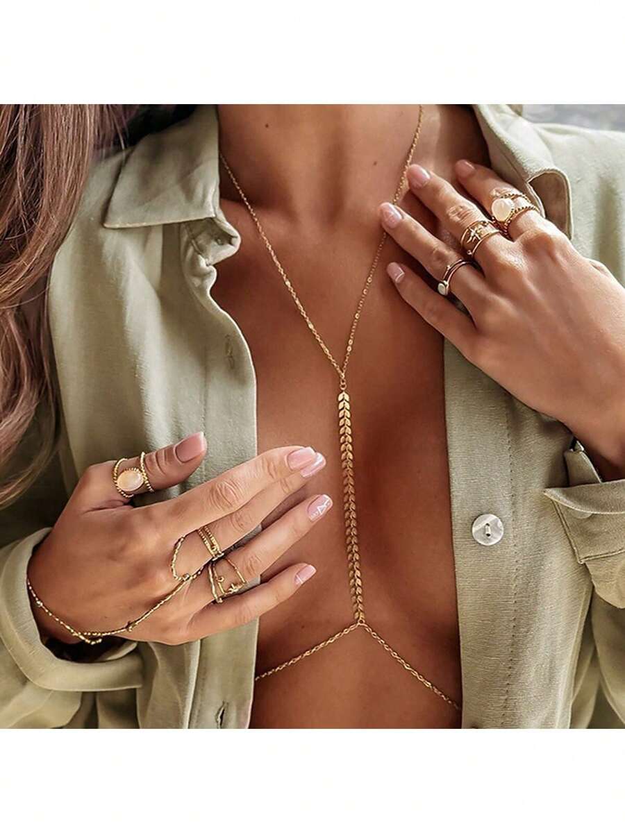 1件极简性感手工鱼骨胸链，欧美时尚露背身体链，适合海滩、度假、情人节、约会、派对等场合。 - 彩色 - 查看 1