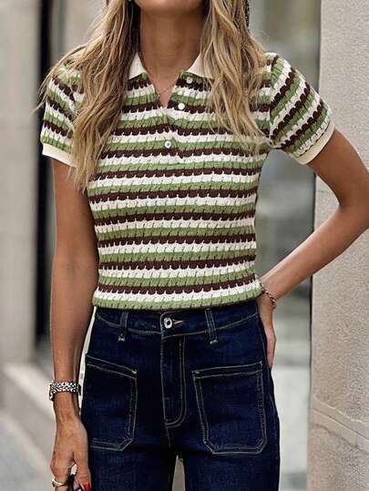 Women's Striped Colorblock Casual Polo Shirt For Summer