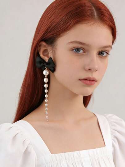 1 Đôi bông tai dài tua rua đính ngọc trai hình nơ thời trang, thanh lịch, thích hợp cho các bé gái đeo hàng ngày, dự tiệc, đi nghỉ mát.