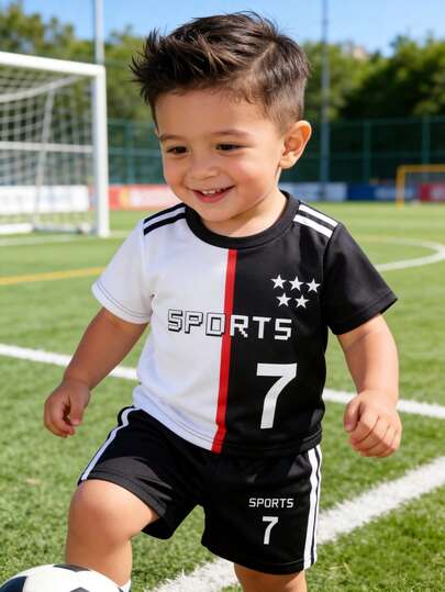 Bộ đồ thể thao thường ngày 2 món cho bé trai sơ sinh, kiểu dáng retro đen trắng phối màu tương phản, gồm áo thun cổ tròn tay ngắn in chữ "SPORTS" và quần short đen rộng, thích hợp cho dã ngoại công viên, cắm trại, du lịch gia đình, nghỉ mát biển, tiệc sinh nhật, mùa xuân/hè.