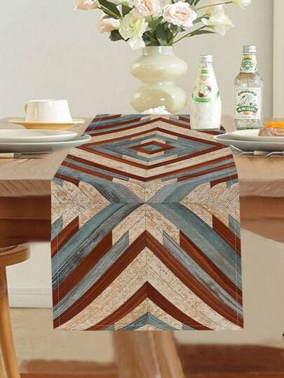 1 pièce Chemin de table imprimé avec motif géométrique en bois, 4 pièces Sets de table imprimés avec motif géométrique, convient pour les fêtes, les anniversaires, les dîners, la décoration de table de cuisine et de salle à manger, applicable pour toutes les saisons, décoration textile pour la maison