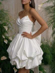 White Woven Fabric Strapless Multi-Layer Dress, Zipper Closure, Bridal Gift, Party Style Wedding - White - View 5